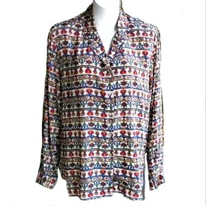Vintage Quo-Silk  Multicolor Sylized Floral Long Button Down Blouse Size Large